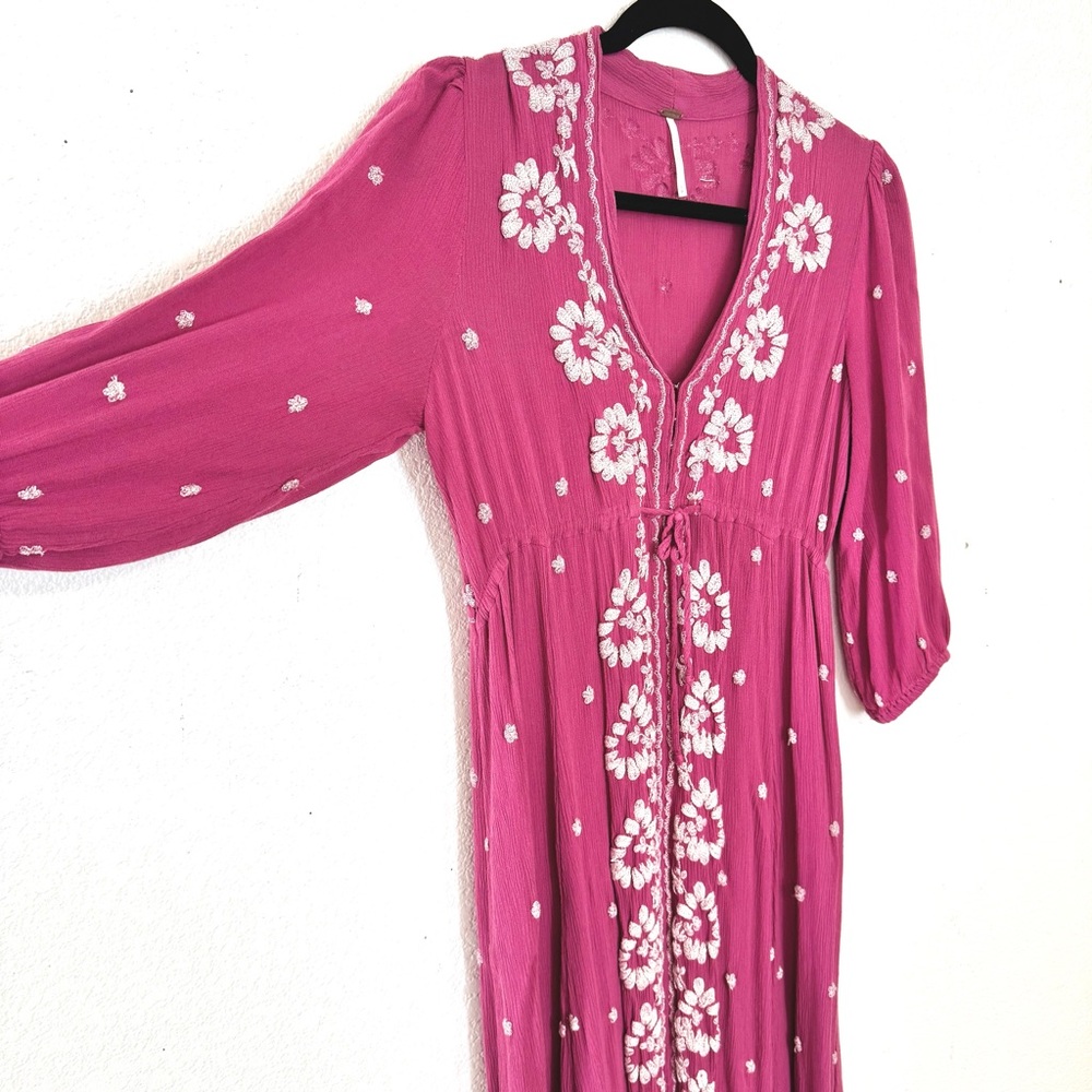 Free People Embroidered Fable Midi Dress - Raspberry Size Small - Picture 4 of 13